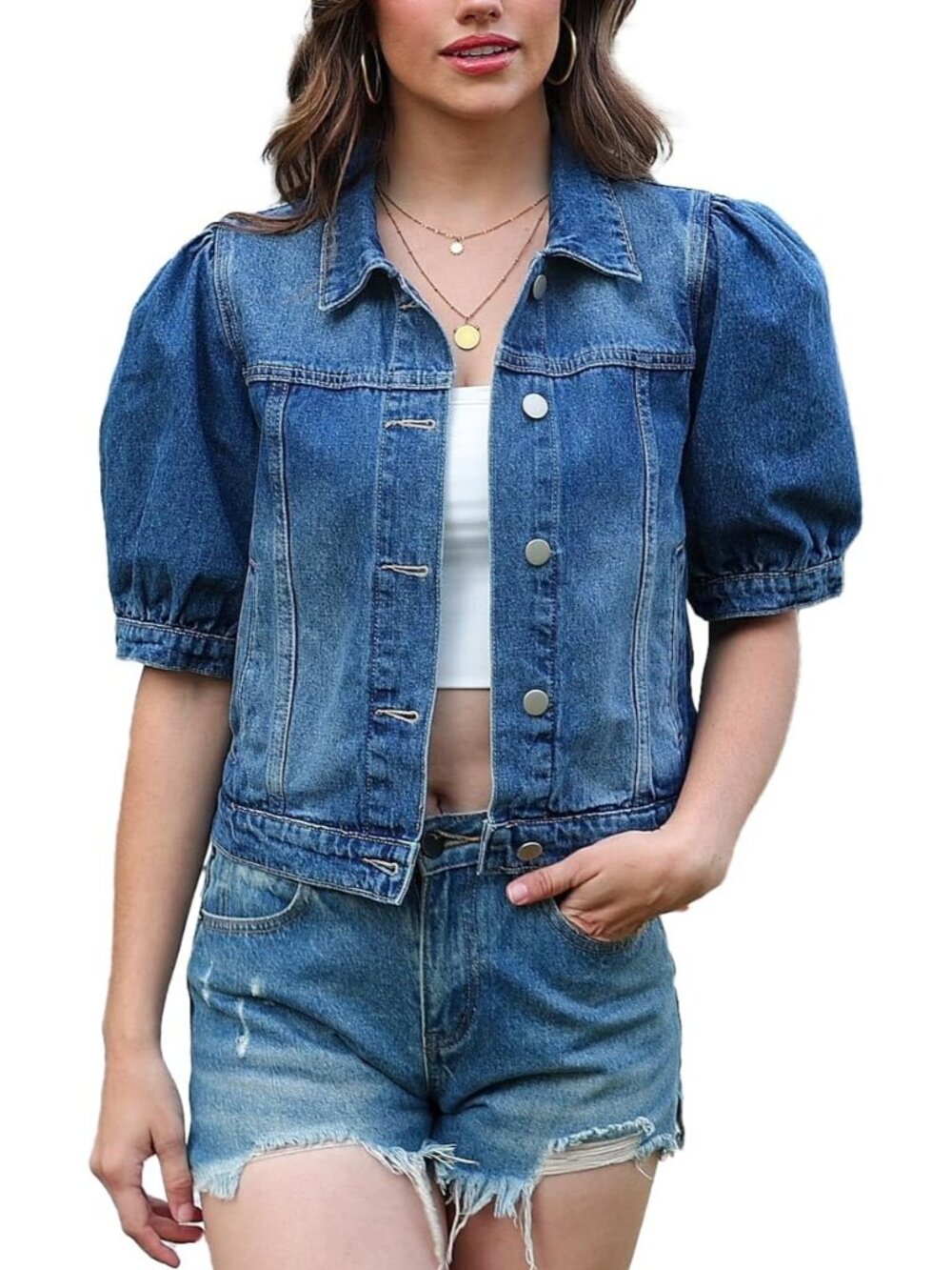 Women's Dark Denim Cropped Short Puff Sleeve Trendy Denim Jackets with Pockets